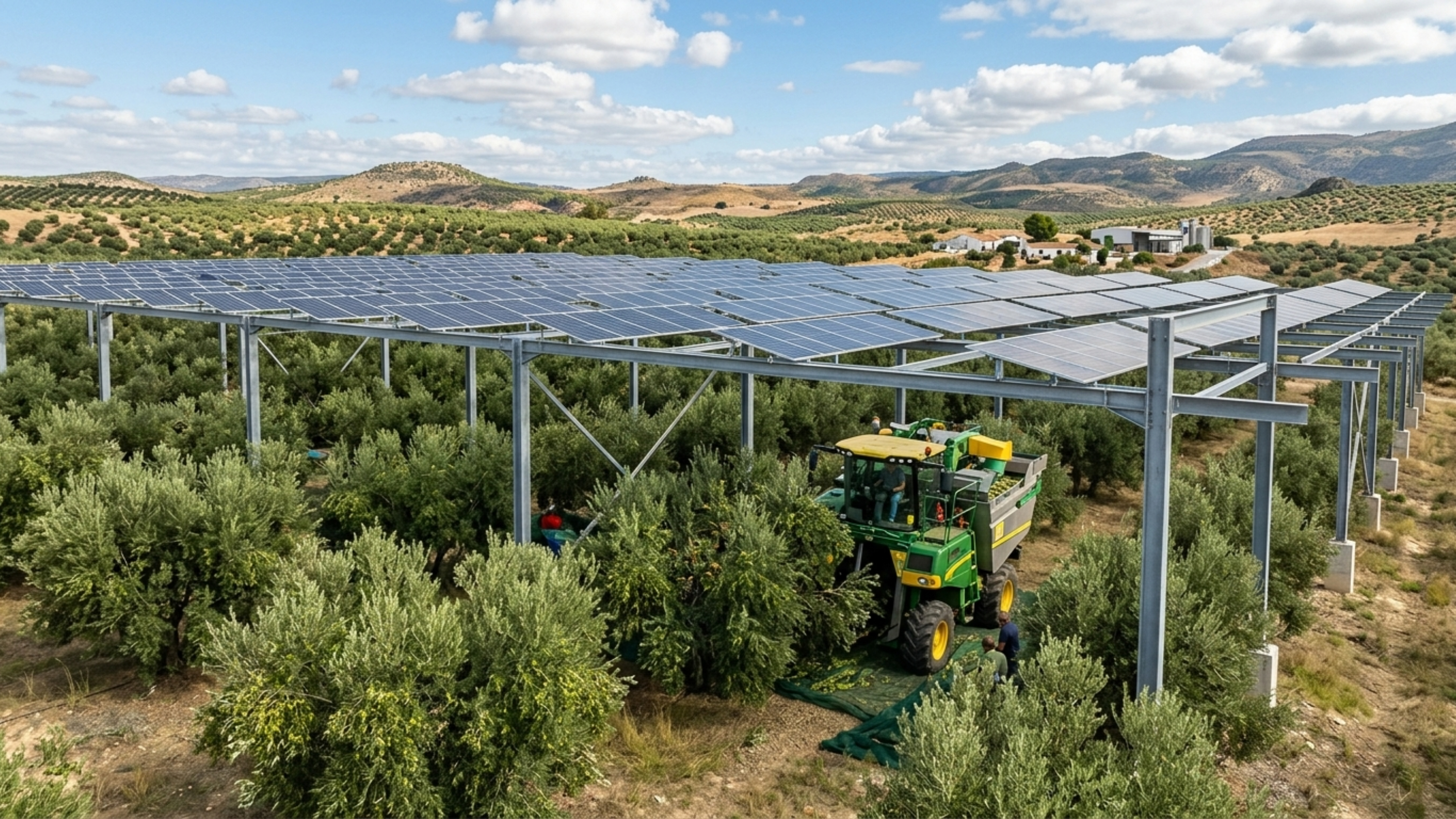 Empresa petrolífera instala 5.150 painéis solares a mais de 4 metros acima de suas oliveiras para que a ceifeira possa caber por baixo