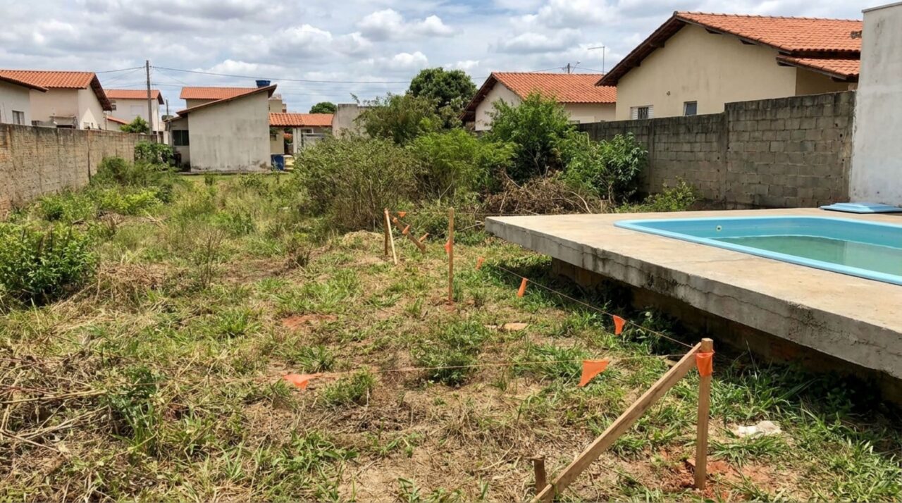 Proprietário mede lote vazio antes de construir e encontra parte da piscina do vizinho dentro da área comprada, exige a devolução da faixa e recebe proposta para alterar a divisa