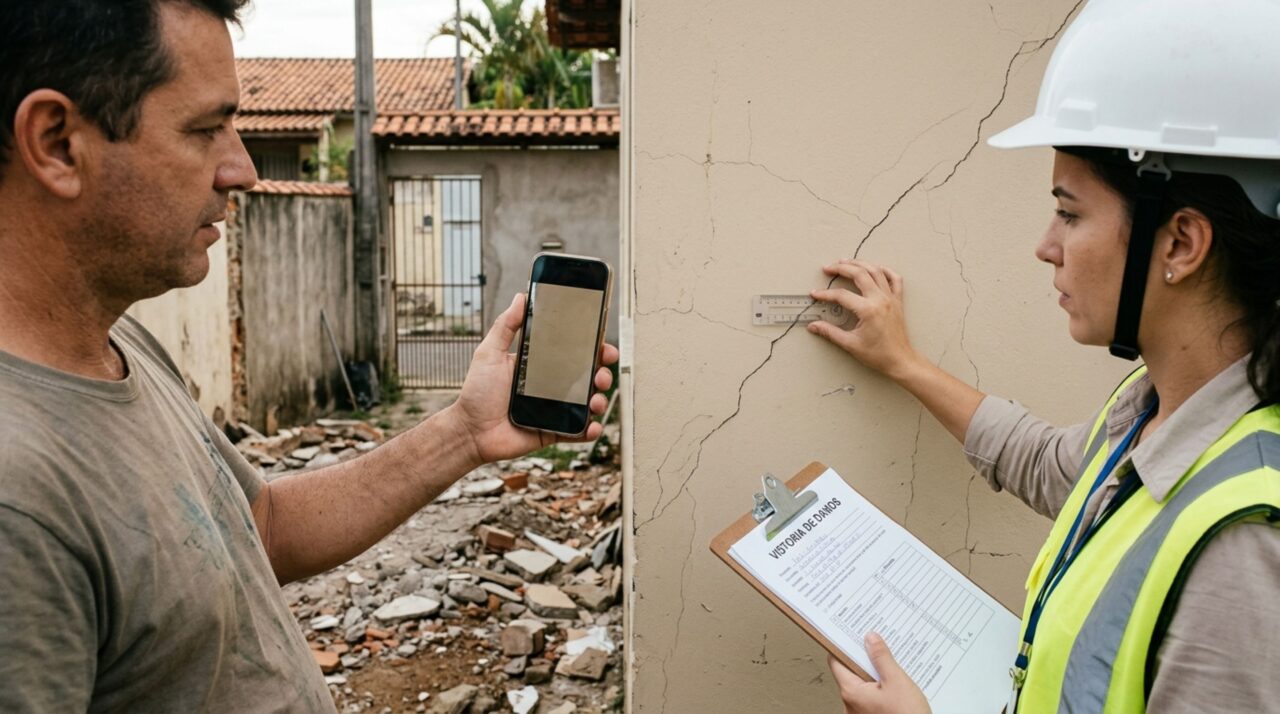 Morador contrata uma máquina para demolir o piso da garagem, vibrações provocam rachaduras na parede do vizinho e empresa nega responsabilidade, mas fotografias antigas mostram como estava a estrutura antes da obra