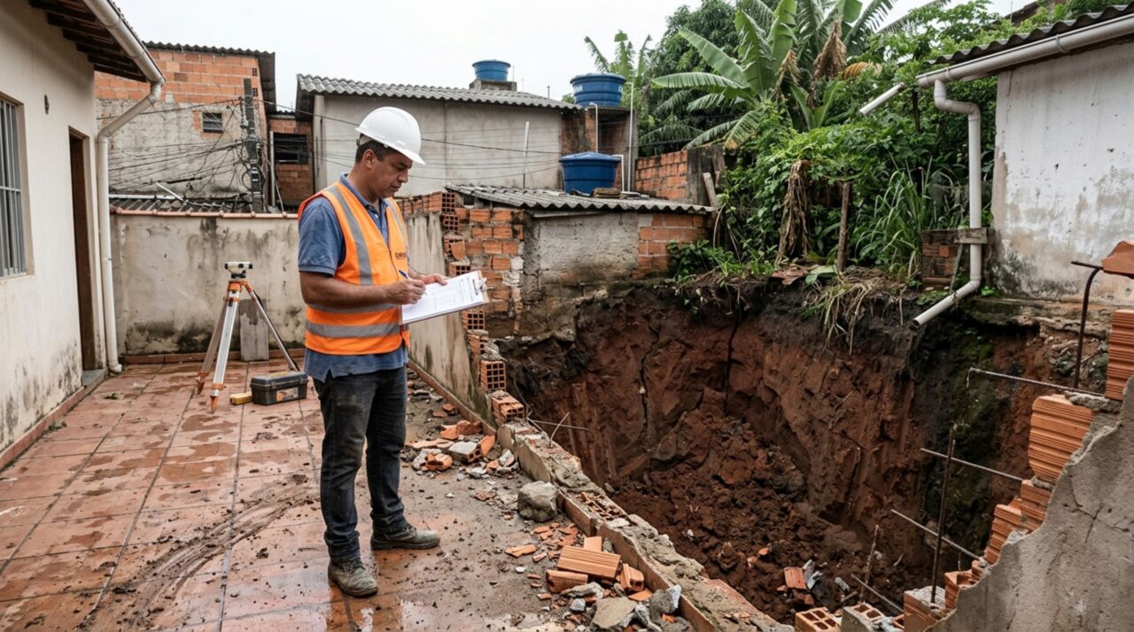 Família encontra o muro dos fundos demolido durante a obra vizinha e descobre que a terra retirada deixou seu quintal sem contenção, exigindo reparo antes do período de chuvas