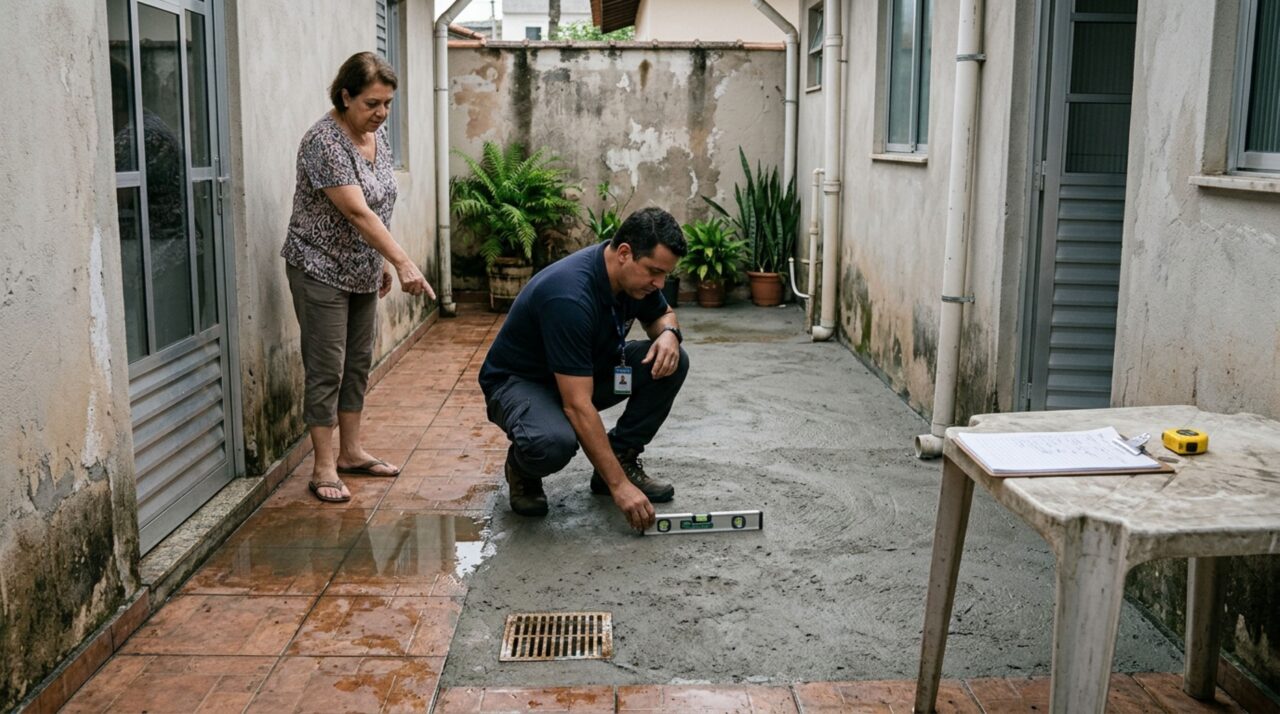 Vizinho troca o piso do quintal por concreto para facilitar a limpeza, e família ao lado percebe que a água das chuvas começa a se acumular junto à porta da cozinha