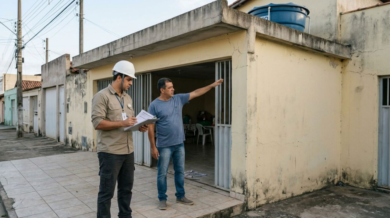 Família instala um reservatório de água no alto da garagem para evitar falta de abastecimento e percebe pequenas rachaduras surgindo nas paredes depois de encher a caixa