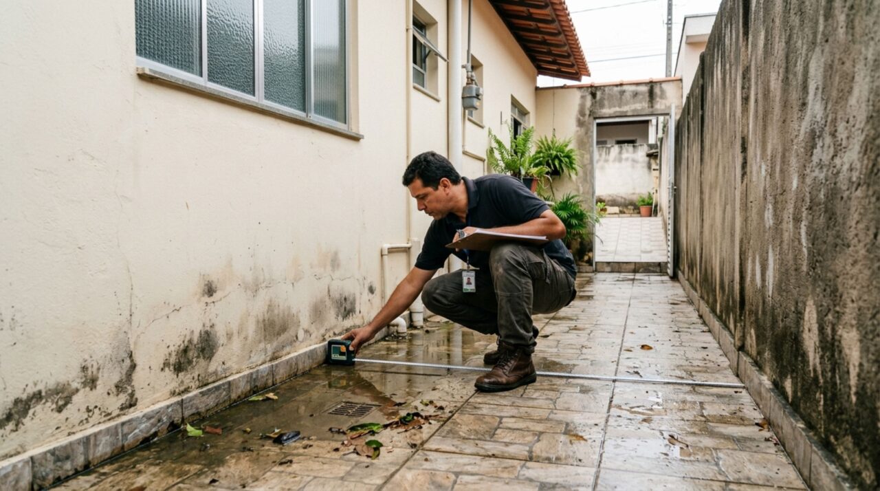 Proprietário eleva o nível do quintal para evitar alagamentos durante as chuvas, e casal que mora ao lado percebe que a água começa a se acumular junto à parede da cozinha