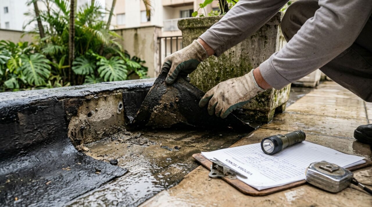 Proprietário do último andar instala um jardim sobre o terraço, água começa a infiltrar na garagem e atinge veículos estacionados, mas uma vistoria revela que a impermeabilização original foi perfurada durante a instalação dos canteiros