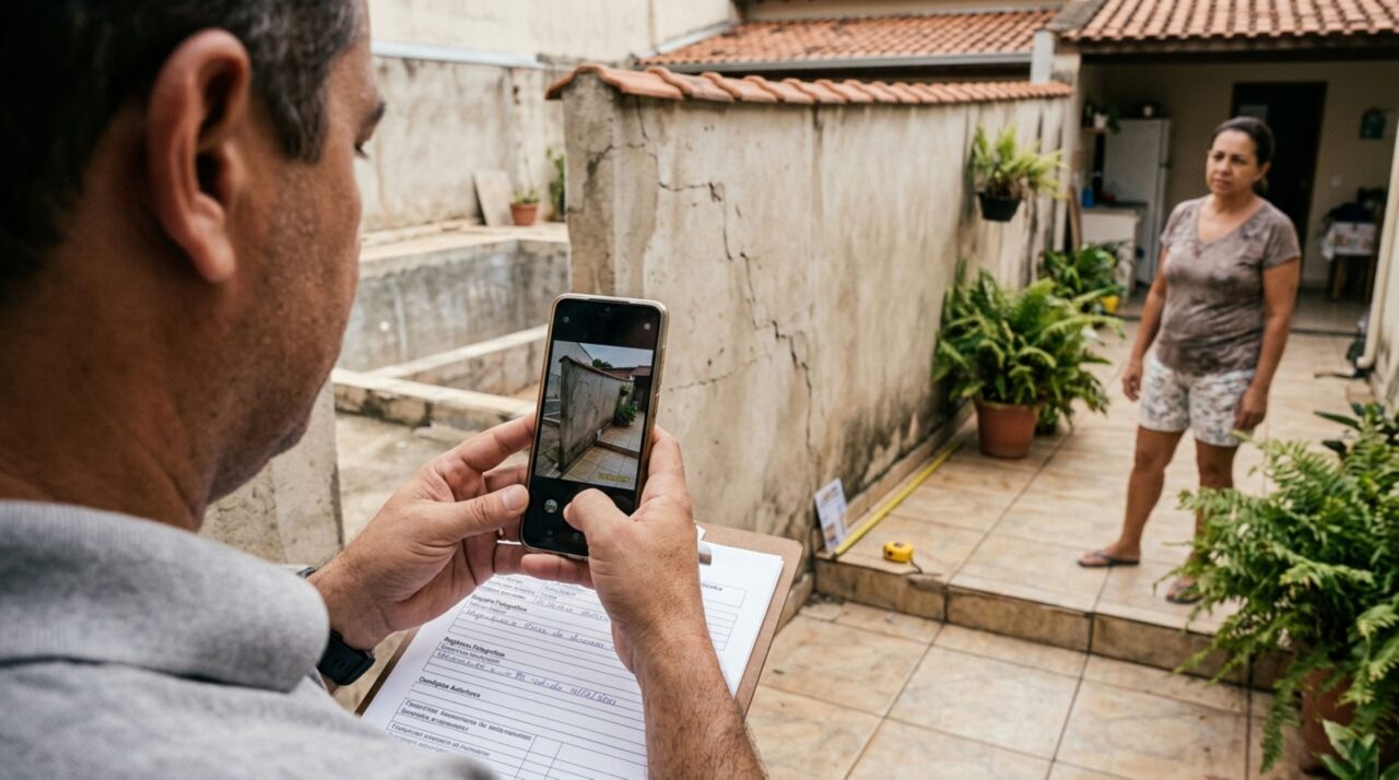 Família constrói uma piscina no fundo do terreno, vizinho percebe rachaduras no piso e afundamento próximo ao muro após a escavação e exige a suspensão da obra, mas fotografias antigas mostram que parte do problema já existia