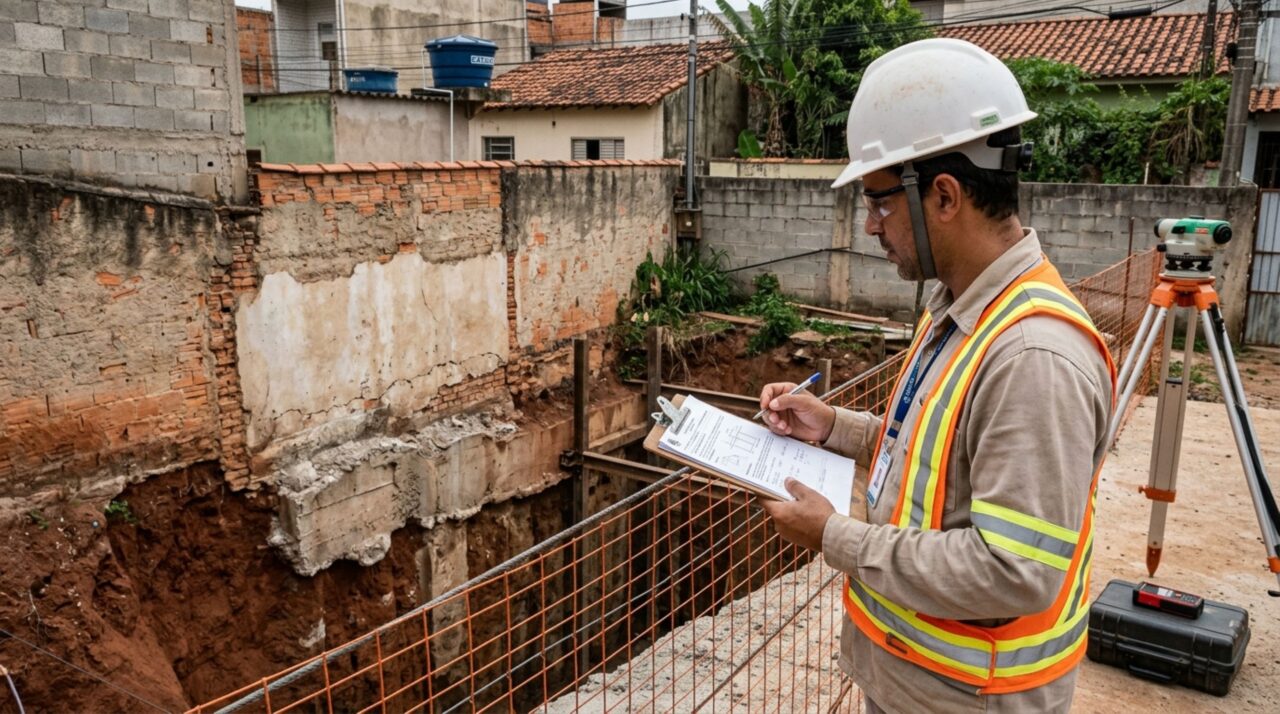 Homem decide nivelar o terreno para construir uma garagem subterrânea, retira caminhões de terra e vizinho percebe que o muro começou a inclinar, mas um laudo aponta que a escavação deixou parte da fundação exposta