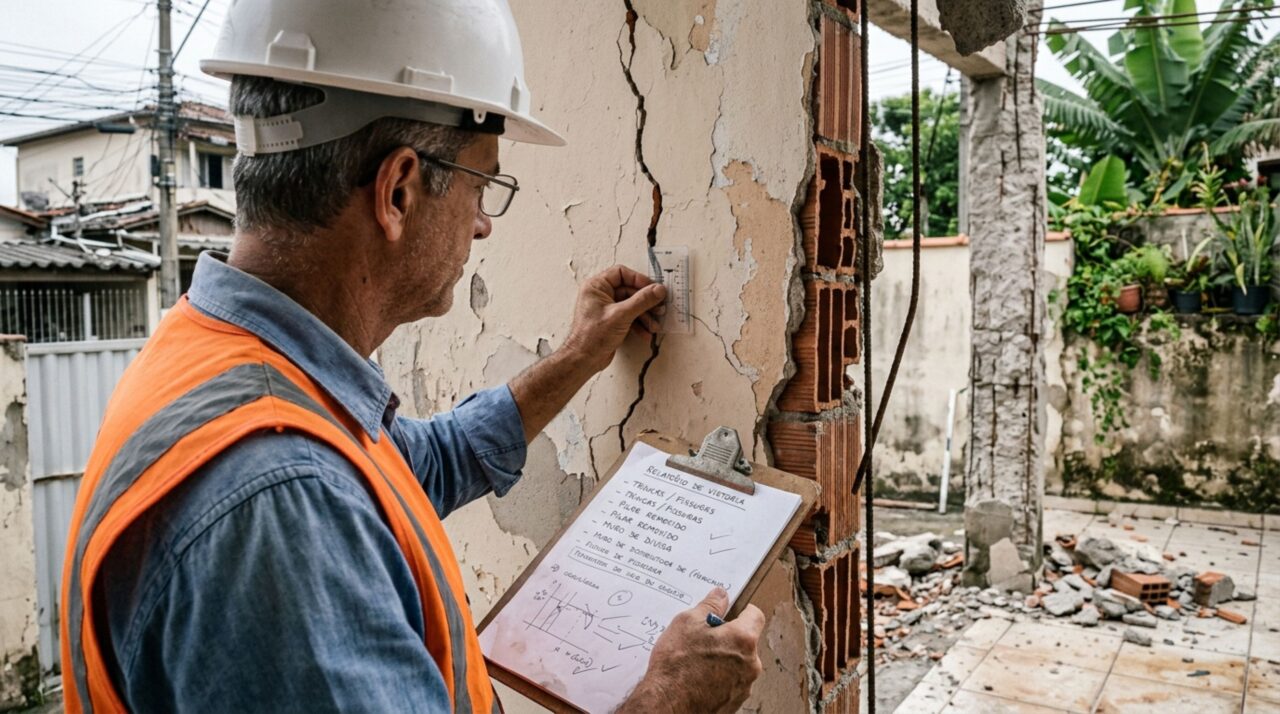 Mulher chega do trabalho e descobre que o vizinho retirou pilares do muro compartilhado para ampliar a passagem de carros, enquanto surgem rachaduras no trecho que permaneceu