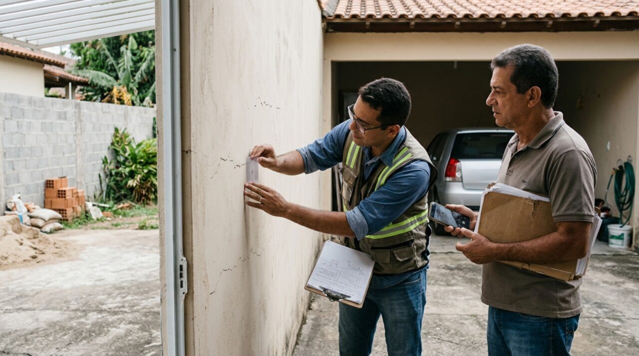 Morador levanta um muro de blocos para separar os quintais e vizinho percebe pequenas rachaduras surgindo na parede da garagem durante a obra
