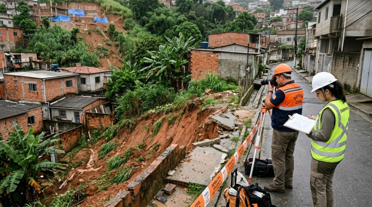 Família tem parte do quintal tomada pela lama depois que uma encosta próxima a uma obra pública desmorona durante a chuva e procura a prefeitura para cobrar os danos causados