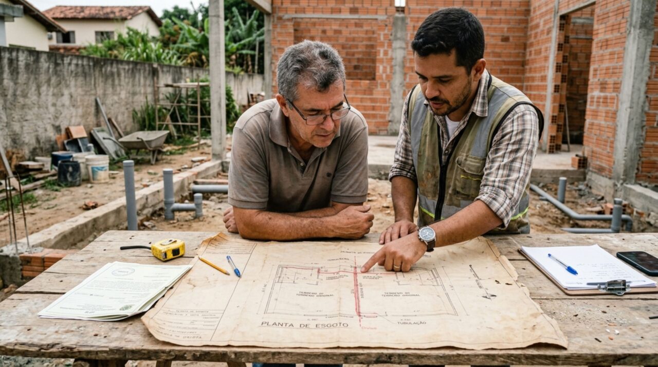 Família começa a construir uma edícula no fundo de casa, pedreiro encontra um cano de esgoto vindo do imóvel vizinho e interrompe a fundação, mas uma planta antiga revela que a tubulação foi instalada antes da divisão dos dois terrenos