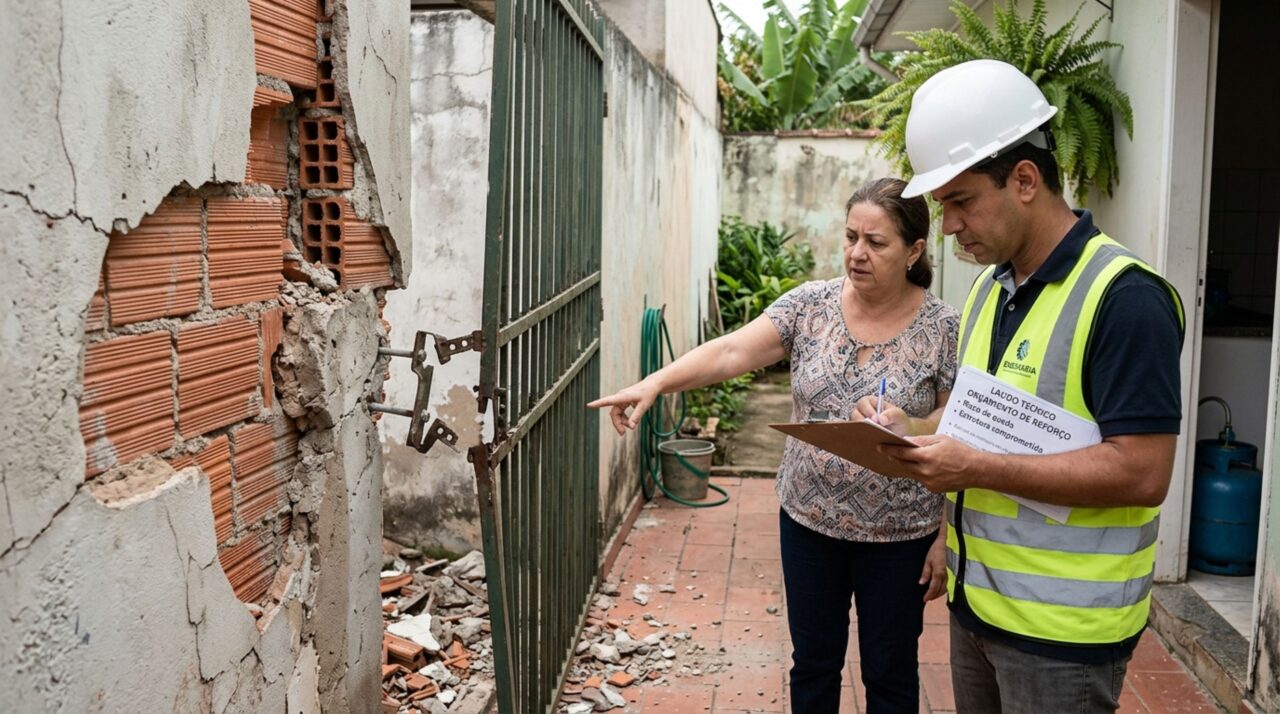 Família volta do fim de semana e encontra o portão lateral sem apoio após o vizinho demolir parte do muro, exige reparo e discute quem pagará a reinstalação da estrutura