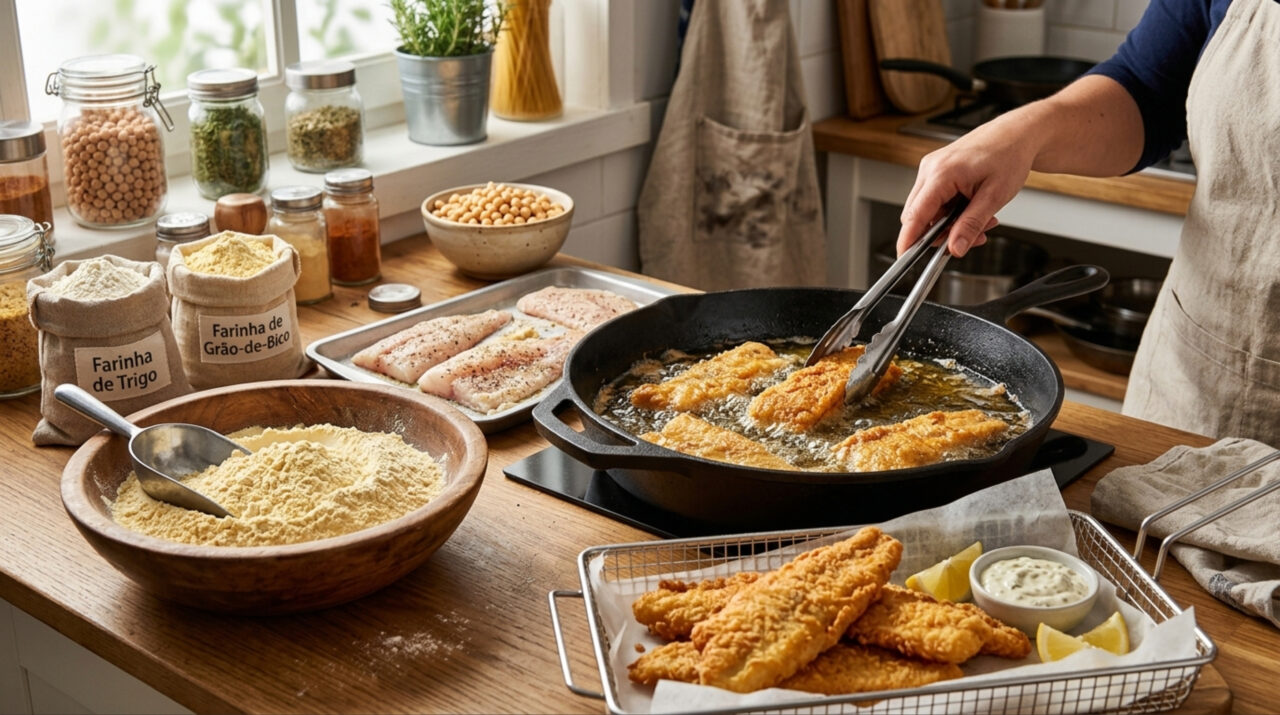 Especialistas em nutrição concordam Peixe frito não é feito com farinha de rosca, mas com farinha de trigo e grão-de-bico