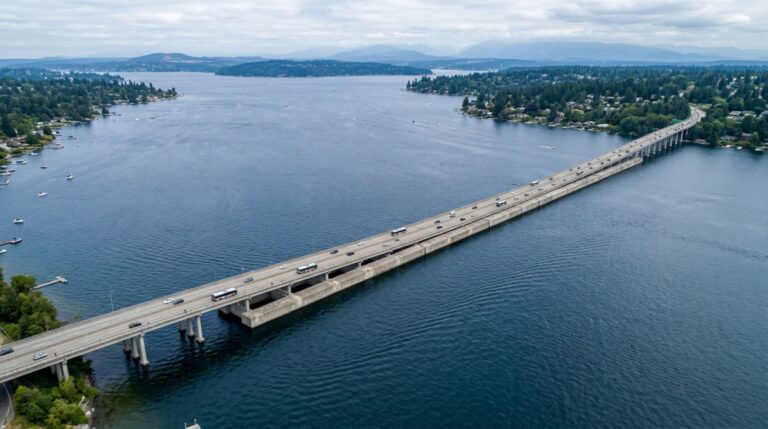 A SR 520 atravessa o lago Washington apoiada sobre dezenas de pontões de concreto flutuantes