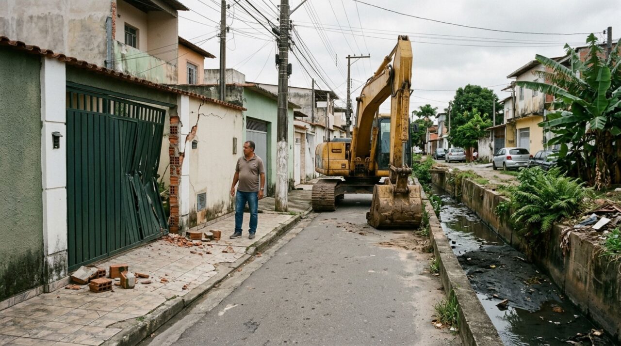 Morador tem o portão e parte do muro atingidos por uma máquina utilizada na limpeza de um canal público e procura indenização depois que a equipe encerra o serviço sem reparar os danos na entrada da casa