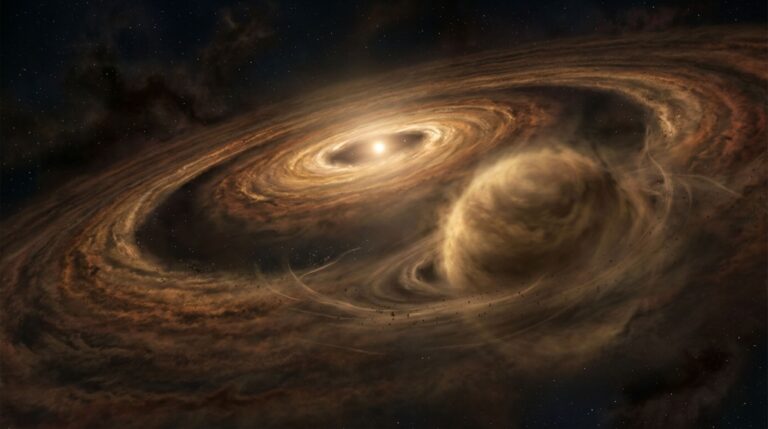 Reconstrução artística de Elias 2-24 b, um planeta gigante com menos de um milhão de anos que permanece envolvido pelo disco de formação de sua estrela