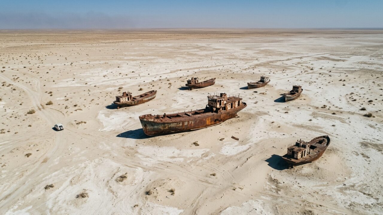 Um mar que já foi o 4º maior lago do planeta perdeu cerca de 90% de sua área e deixou navios abandonados no meio do deserto