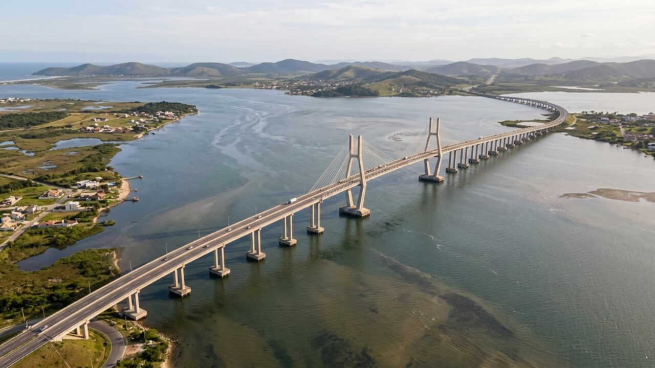 Ponte de R$ 777 milhões faz uma curva sobre a água por 2,8 km em Santa Catarina e precisou de uma máquina de 132 metros para montar a travessia