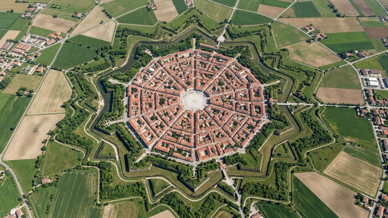 Vista do alto, essa cidade forma uma estrela de 9 pontas desenhada para se defender de ataques