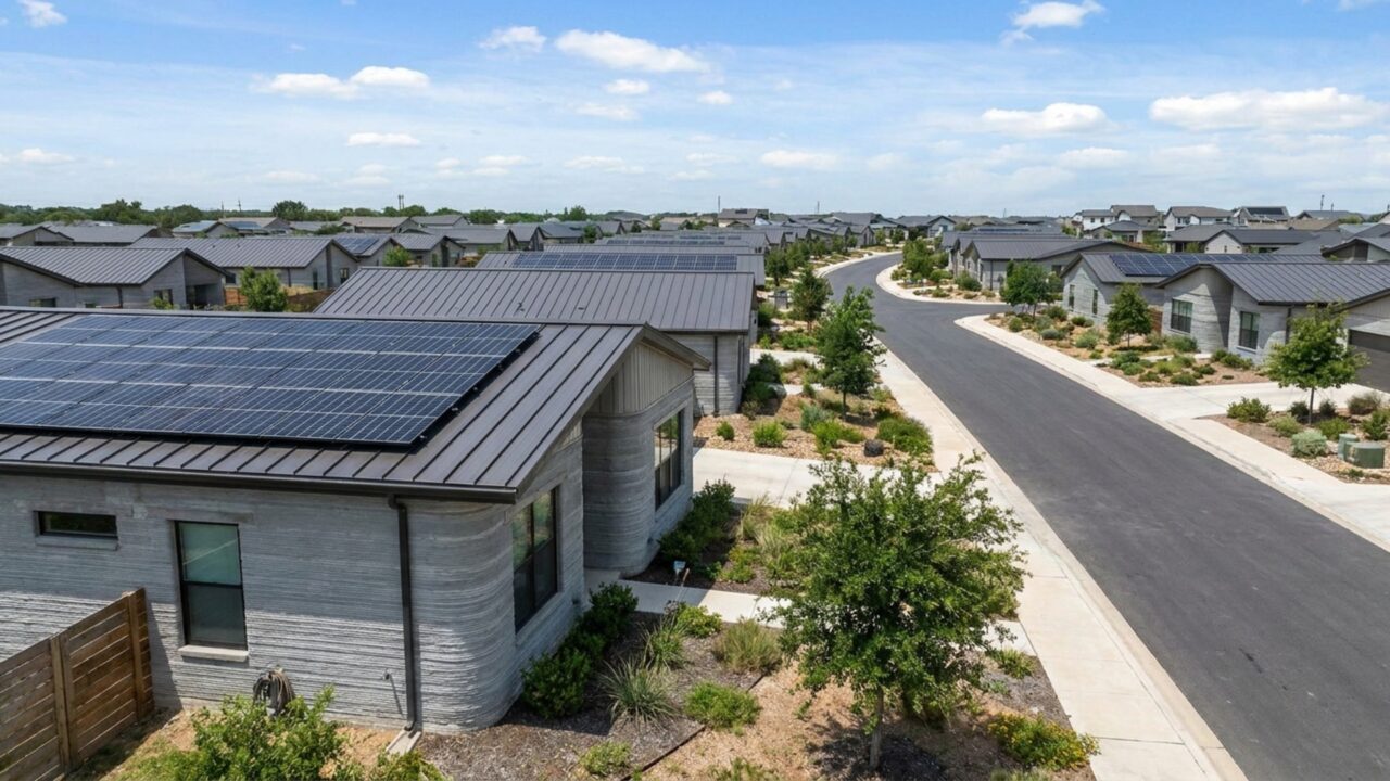 Um bairro com 100 casas teve suas paredes construídas por impressoras 3D e reúne imóveis de cerca de 139 a 195 m² com painéis solares nos telhados