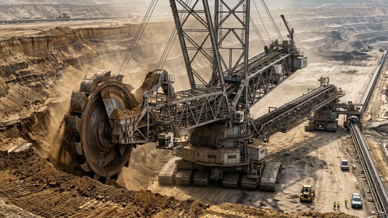 Escavadeira de mais de 14 mil toneladas é o maior veículo terrestre: usa uma roda de caçambas para retirar até 240 mil m³ de terra por dia