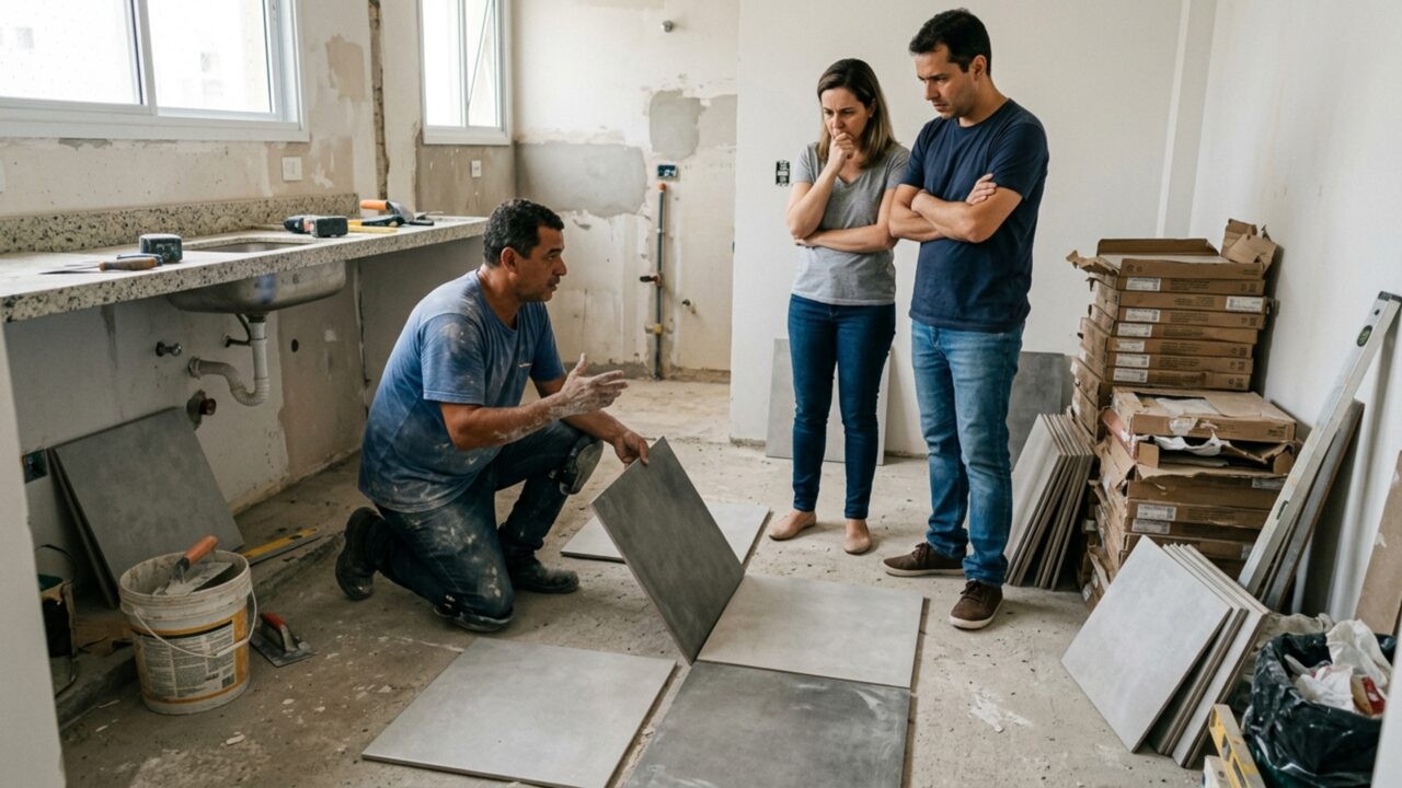 Família compra 36 caixas de porcelanato para reformar a cozinha, pedreiro descobre que parte das peças tem uma tonalidade diferente e a loja se recusa a trocar o material, mas a nota fiscal registra que todas deveriam ser do mesmo lote