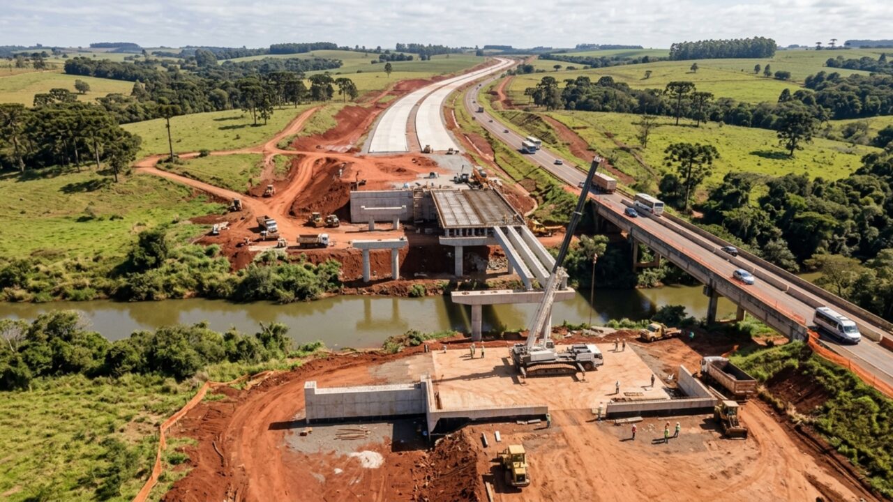 Uma estrada de 45,5 km está recebendo R$ 514 milhões para ganhar 3 viadutos, 2 pontes e uma passarela, com pistas de concreto no interior do Paraná