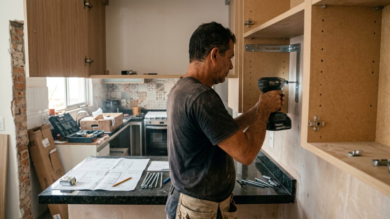 Família contrata marceneiro para instalar armários na cozinha, vizinha descobre que 3 parafusos atravessaram a parede e danificaram seu revestimento, mas a empresa afirma que seguiu exatamente o projeto