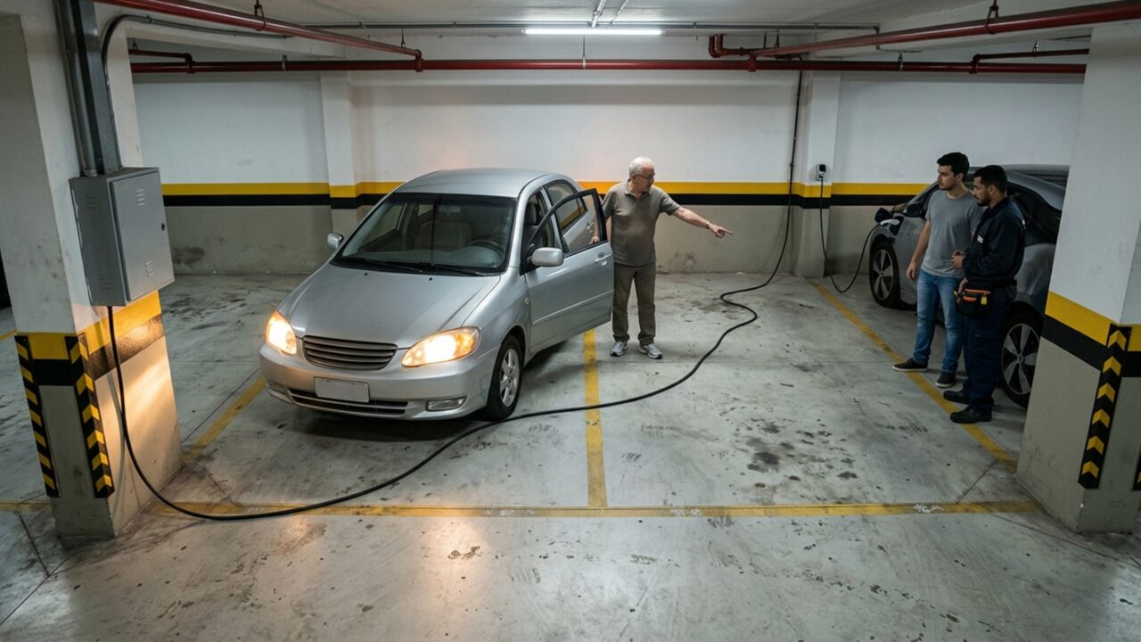 Condômino instala uma tomada para carregar o carro elétrico na garagem, vizinho descobre que o cabo passa pelo meio de sua vaga e exige a retirada, mas o instalador afirma que a posição foi indicada pelo próprio proprietário
