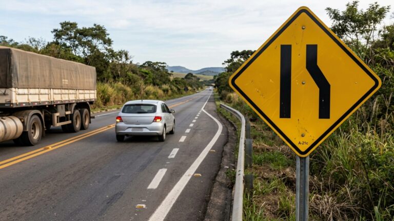 O que significa a placa de trânsito com uma linha reta e outra inclinada sobre fundo amarelo?