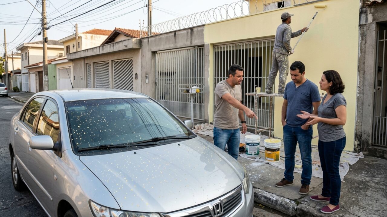 Família contrata pintor para renovar a fachada, vizinho encontra o carro coberto de respingos de tinta e cobra uma pintura completa, mas fotos antigas mostram que parte das manchas já estava na lataria