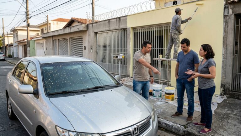 Família contrata pintor para renovar a fachada, vizinho encontra o carro coberto de respingos de tinta e cobra uma pintura completa, mas fotos antigas mostram que parte das manchas já estava na lataria