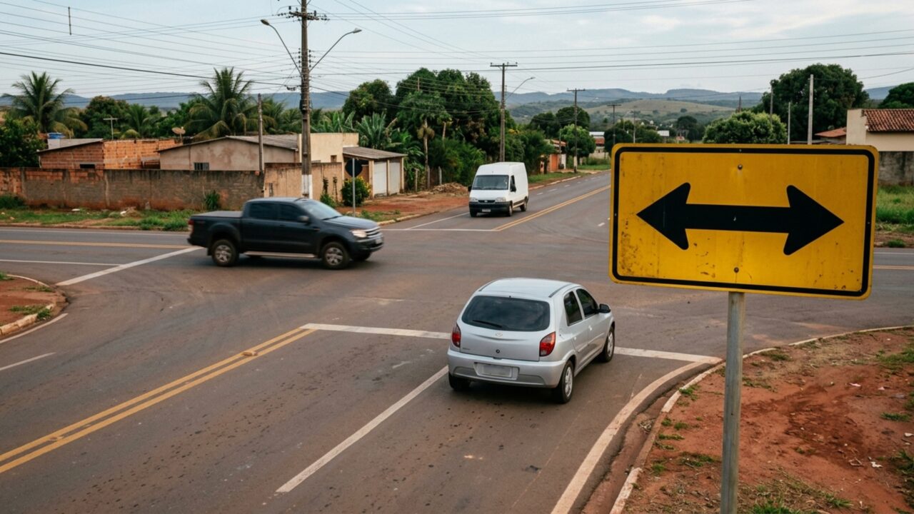 O que significa a placa de trânsito com duas setas pretas apontando para a esquerda e para a direita?