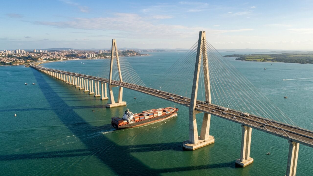 Com 12,4 km sobre o mar, ponte de R$ 11,6 bilhões terá fundações a 64 metros de profundidade e um vão de 682 metros para a passagem de navios // IMAGEM ILUSTRATIVA