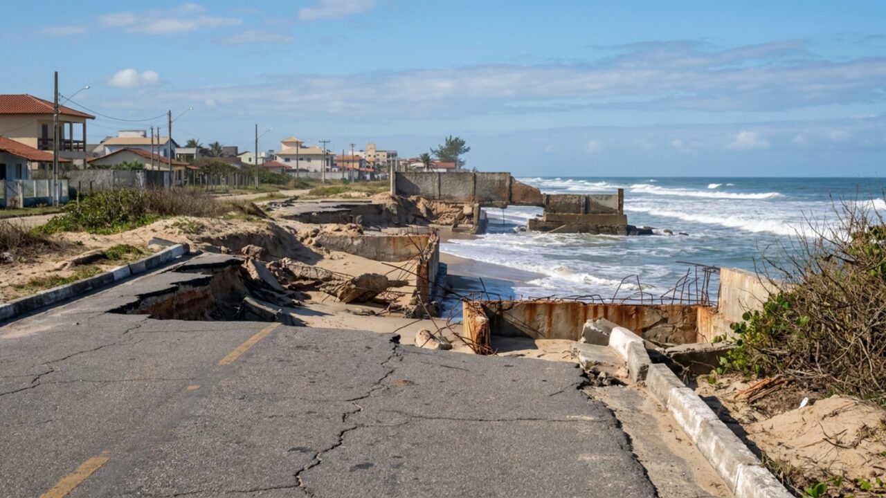 Cinco quarteirões somem no mar enquanto a areia se acumula na praia vizinha: o fenômeno mapeado há 60 anos no litoral fluminense