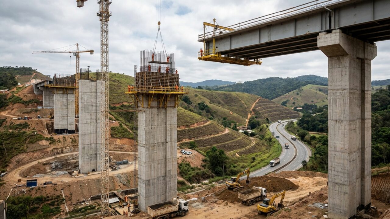24 viadutos, 93 contenções e 30 canteiros estão refazendo uma serra para dobrar a velocidade na estrada que liga as duas maiores cidades do Brasil