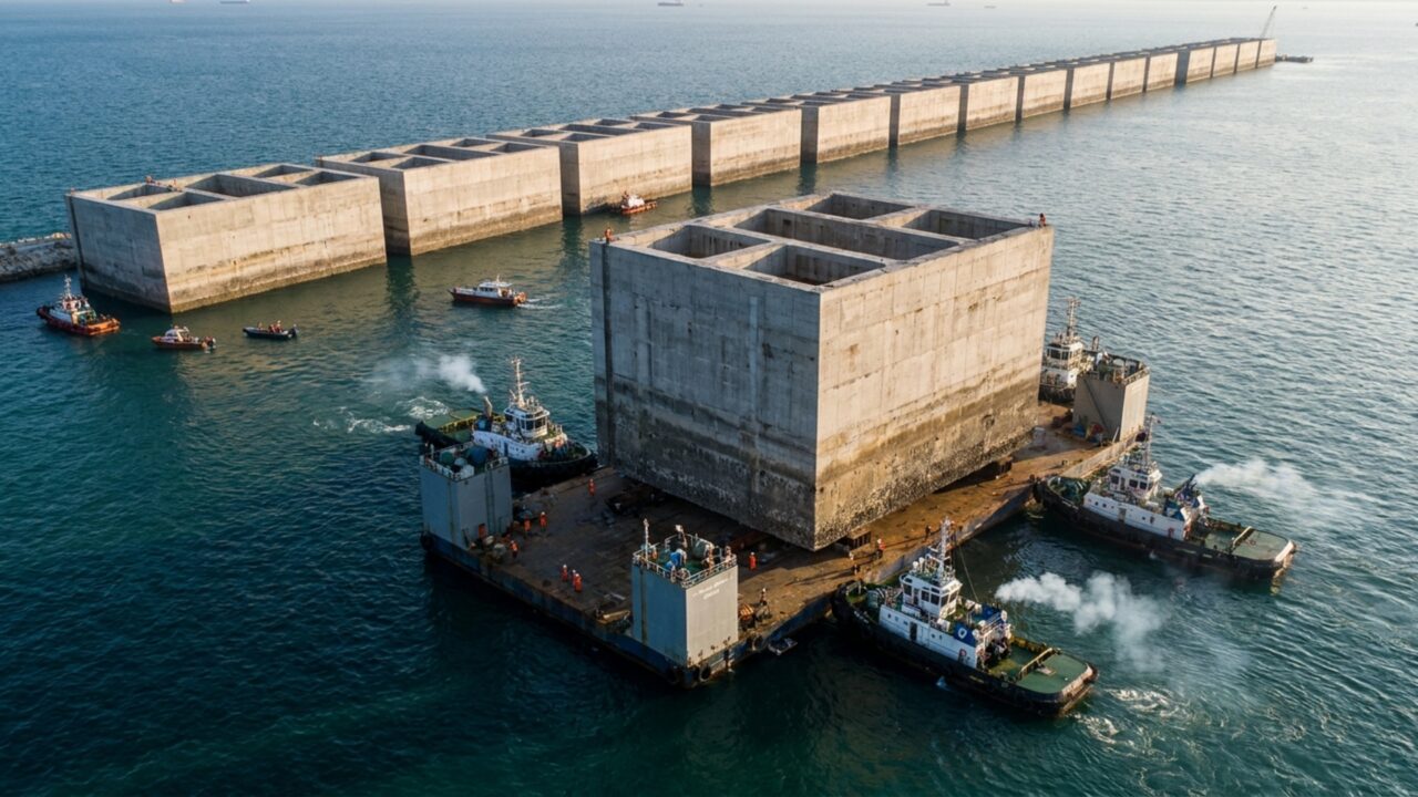 227 blocos de concreto de até 13.500 toneladas são instalados no mar para construir muralha de 9,1 km do maior porto automatizado do mundo