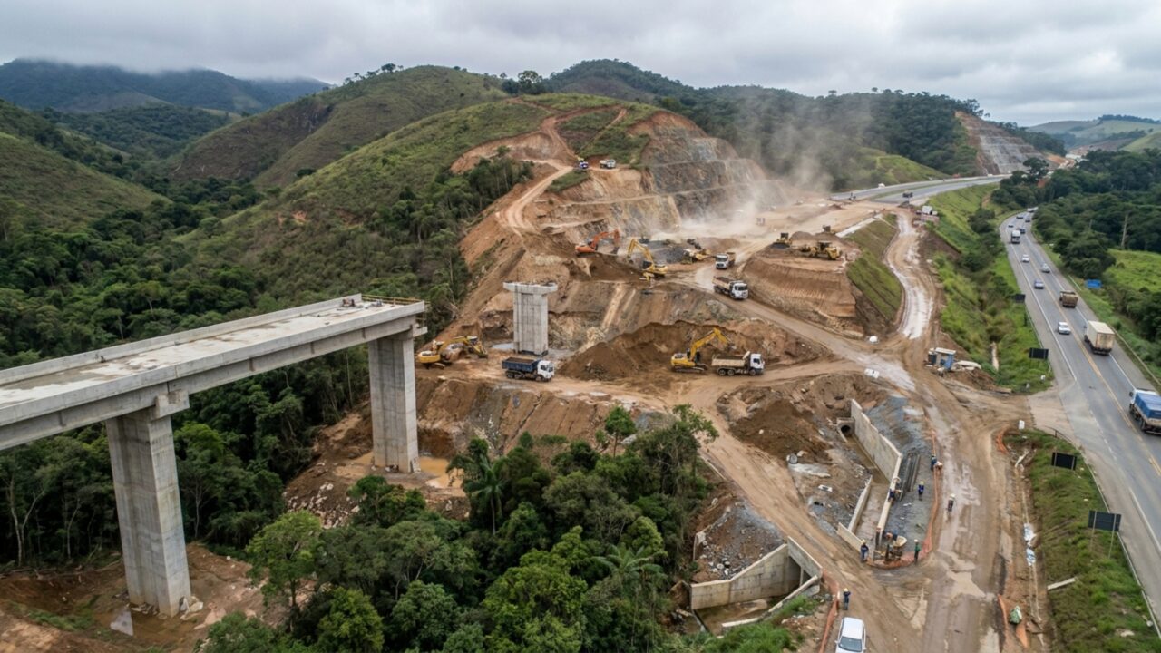 24 viadutos, 93 contenções e 30 canteiros estão refazendo uma serra para dobrar a velocidade na estrada que liga as duas maiores cidades do Brasil