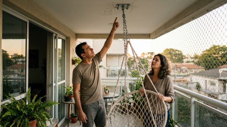 Depois de instalar uma cadeira suspensa na varanda para relaxar no fim do dia, casal percebe que o suporte metálico começa a afrouxar e a abrir pequenas rachaduras no teto