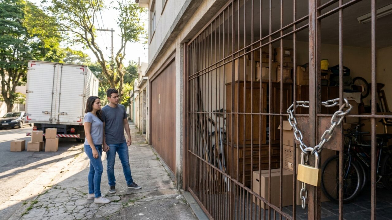 Casal aluga uma casa anunciada com garagem para 2 carros, chega no dia da mudança e encontra o espaço trancado pelo proprietário, que afirma usar a área como depósito, mas o contrato assinado garante as 2 vagas