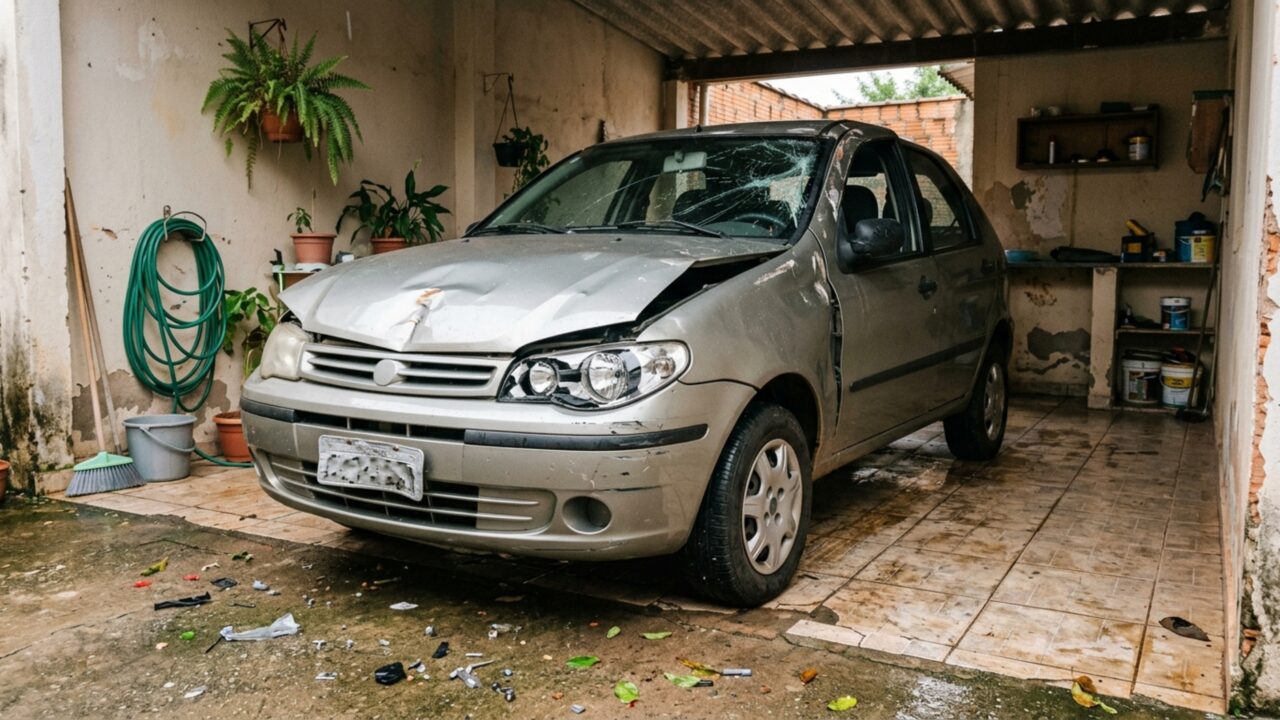Casal substitui o portão vazado da garagem por um modelo fechado com chapas de metal para ganhar privacidade e, no primeiro vendaval, encontra a estrutura caída sobre o carro