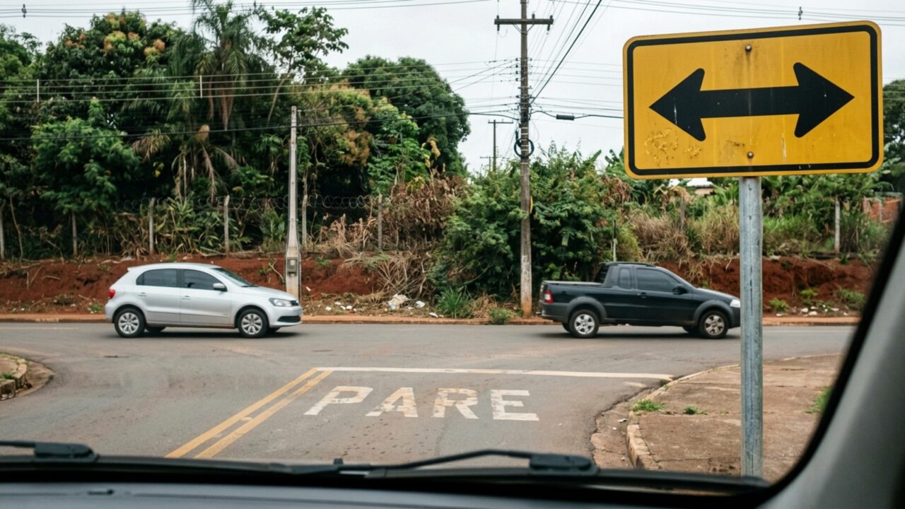 O que significa a placa de trânsito com duas setas pretas apontando para a esquerda e para a direita?