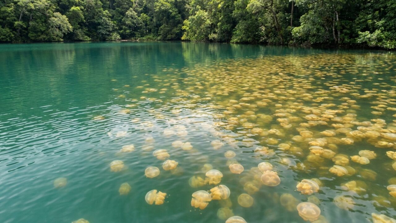 Milhões de águas-vivas tomam conta de um lago isolado e criam uma massa dourada em movimento sob a superfície