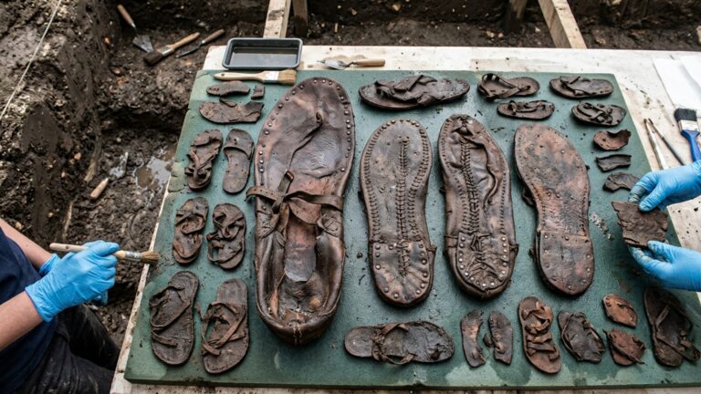 Escavações em um antigo forte romano revelaram calçados com mais de 30 centímetros, e um deles chegou a 32,6 cm de comprimento