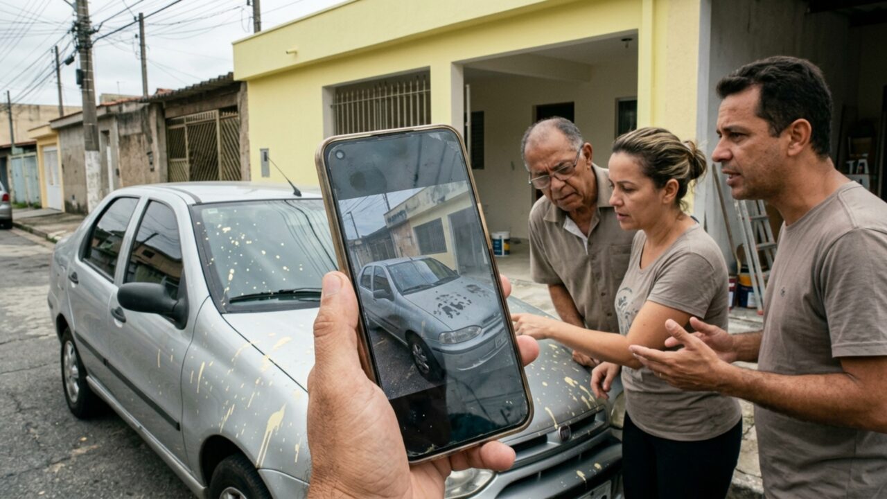 Família contrata pintor para renovar a fachada, vizinho encontra o carro coberto de respingos de tinta e cobra uma pintura completa, mas fotos antigas mostram que parte das manchas já estava na lataria