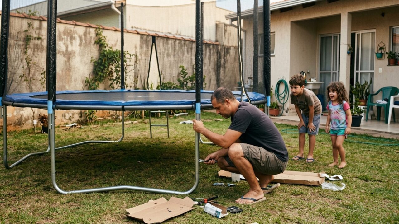 Pai monta cama elástica no quintal para os filhos e, depois de uma tarde de ventania, encontra o brinquedo sobre o telhado da garagem vizinha, com várias telhas quebradas