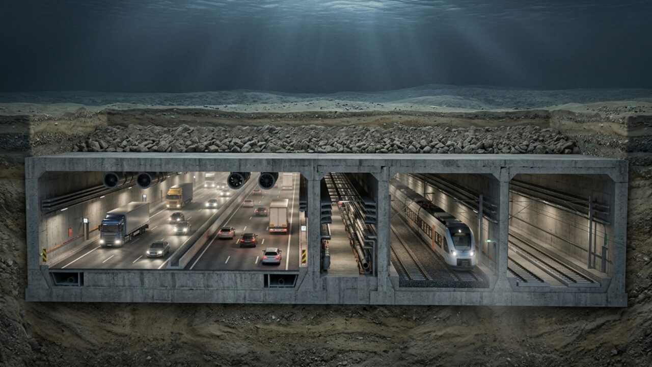 Maior túnel imerso do mundo já tem peças no fundo do mar para ligar dois países e terá pedágio para financiar a própria construção