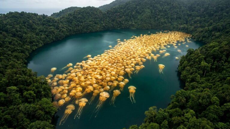 Milhões de águas-vivas tomam conta de um lago isolado e criam uma massa dourada em movimento sob a superfície