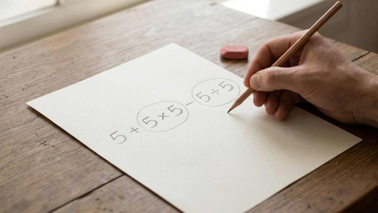 Sem calculadora: você chega ao resultado correto de 5 + 5 × 5 − 5 ÷ 5?