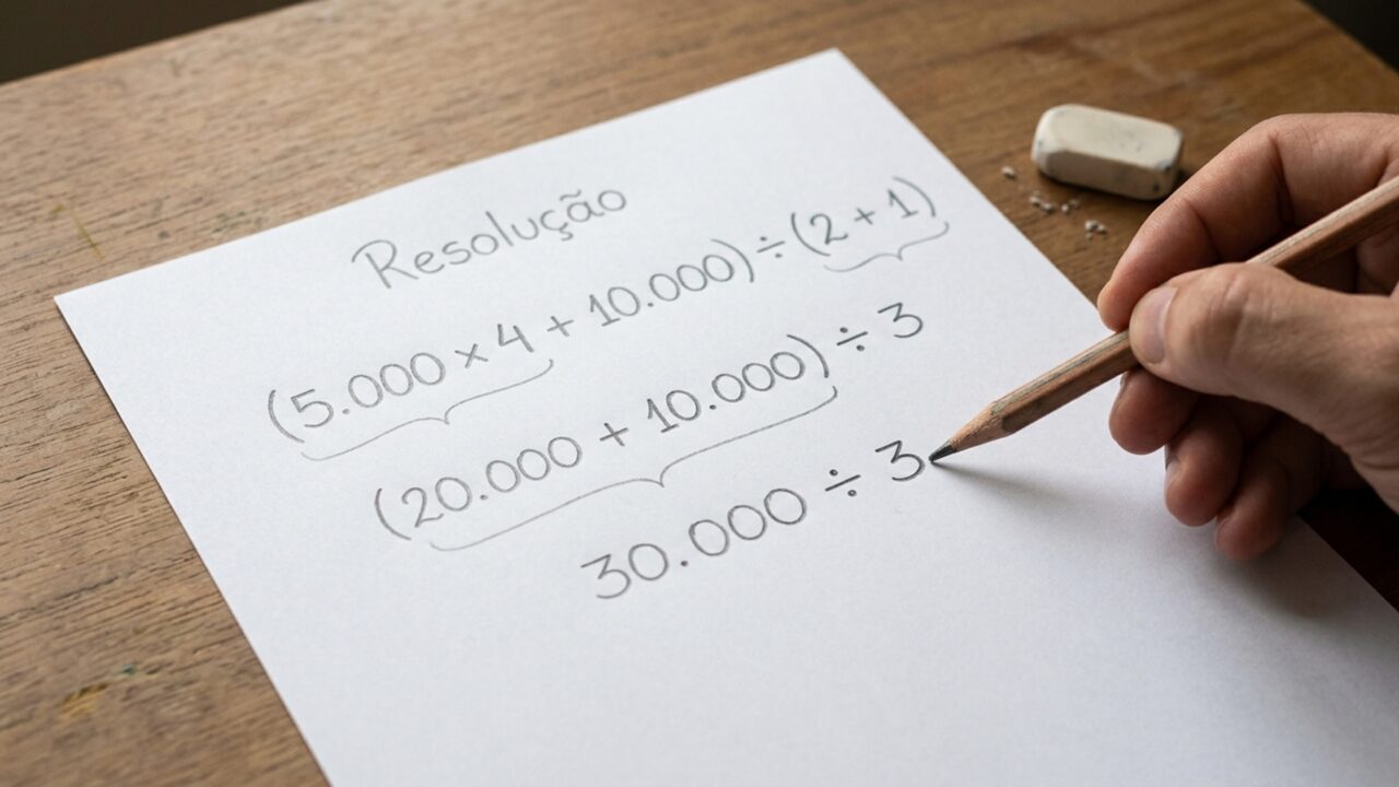 Quanto é (5.000 × 4 + 10.000) ÷ (2 + 1)? O desafio matemático testa sua atenção aos parênteses