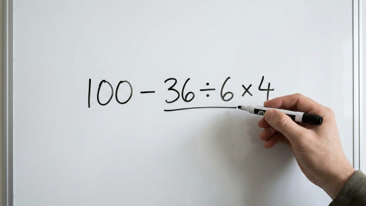 Resolva 100 - 36 ÷ 6 × 4 sem fazer as contas simplesmente da esquerda para a direita